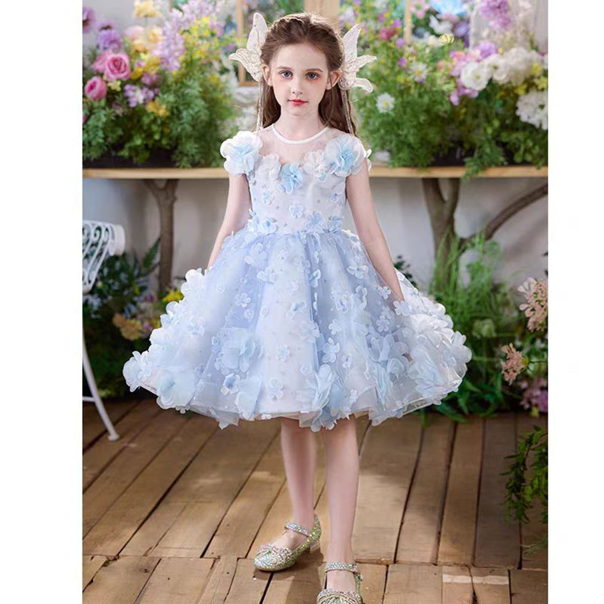 Jill Elegant O-Neck Applique Tulle Blue Flower Girl Dress Sleeveless J838