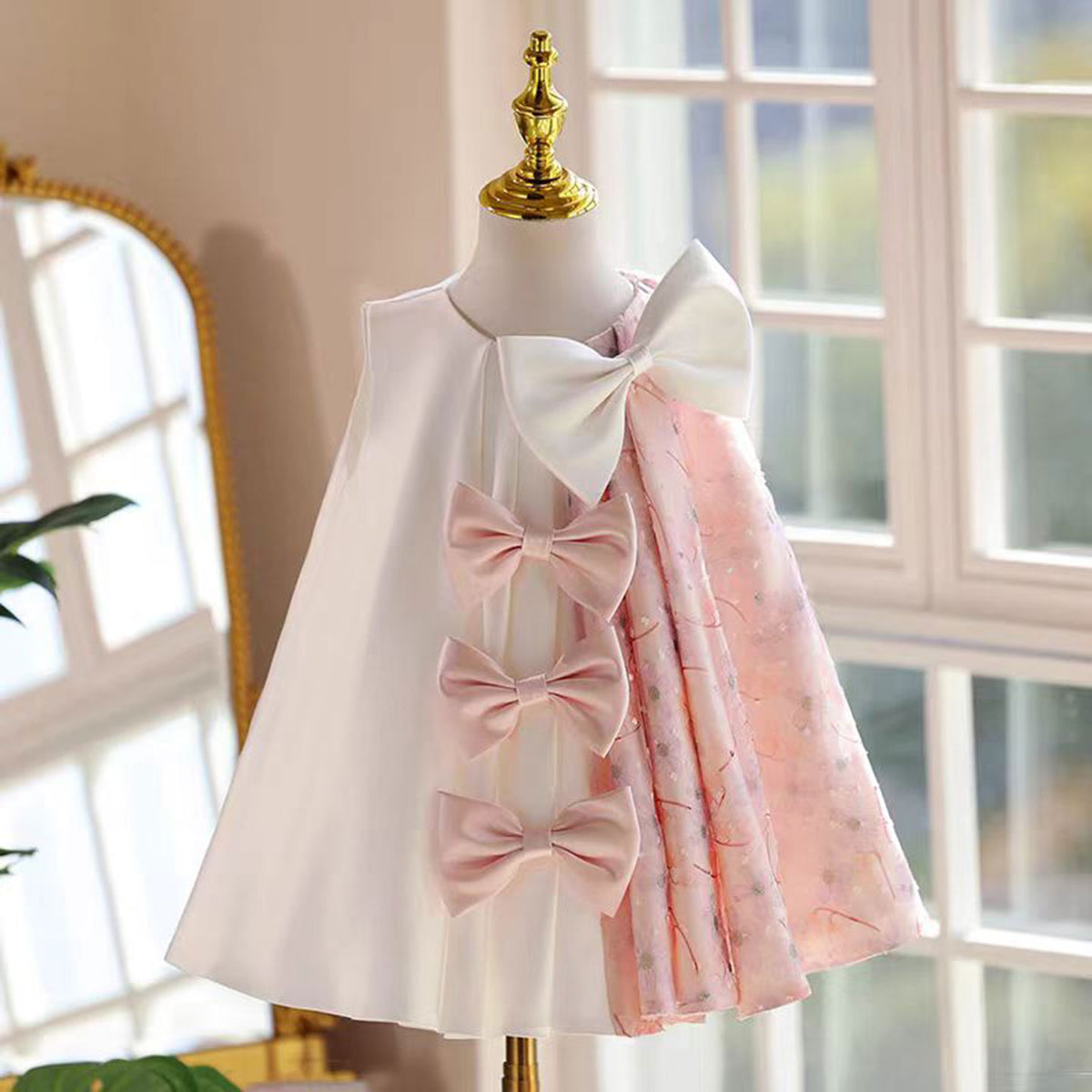 Jill Stylish Pink And White Sleeveless Flower Girl Dress With Bow J859