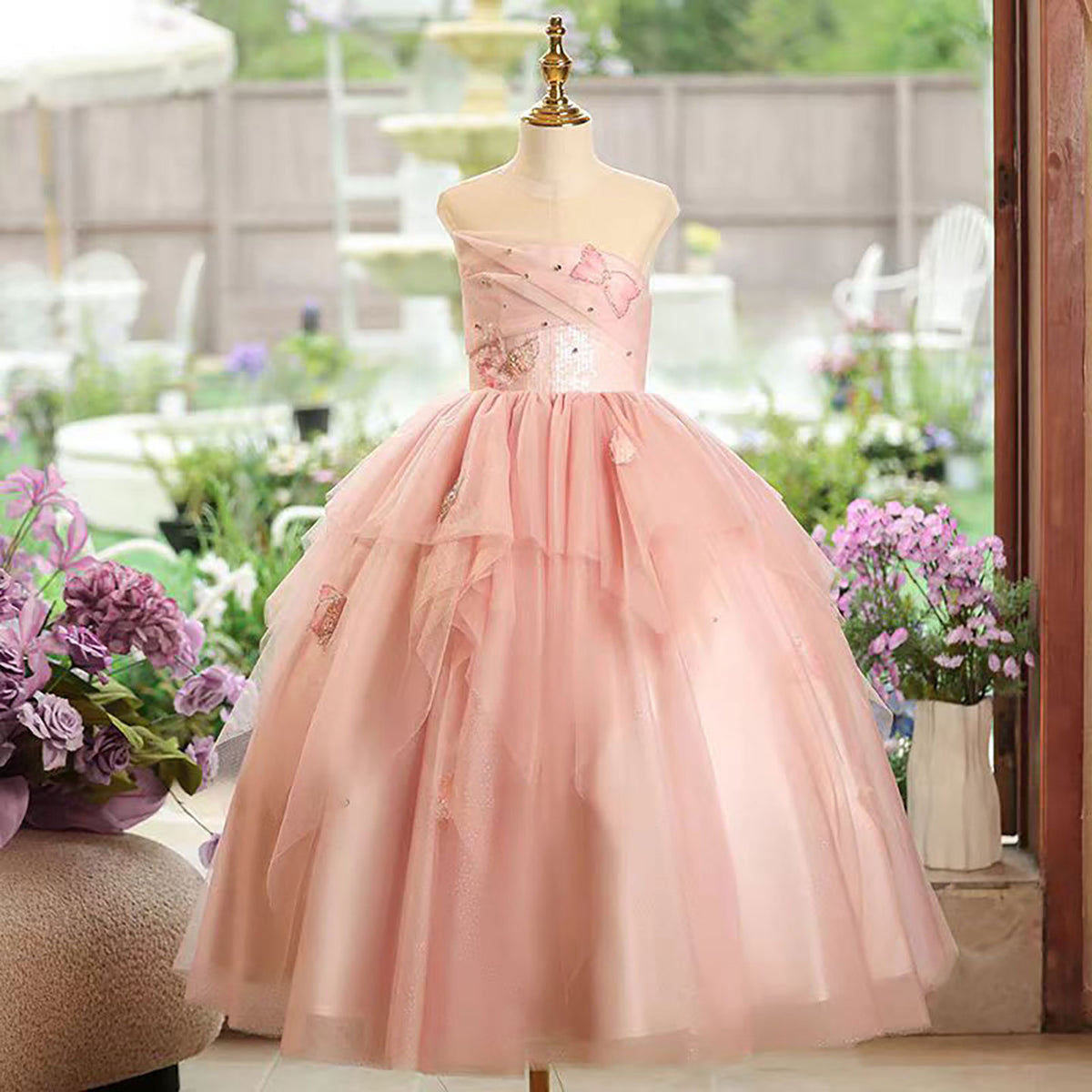 Jill Tube Top Design Butterfly Flower Girl Dress Sleeveless D026