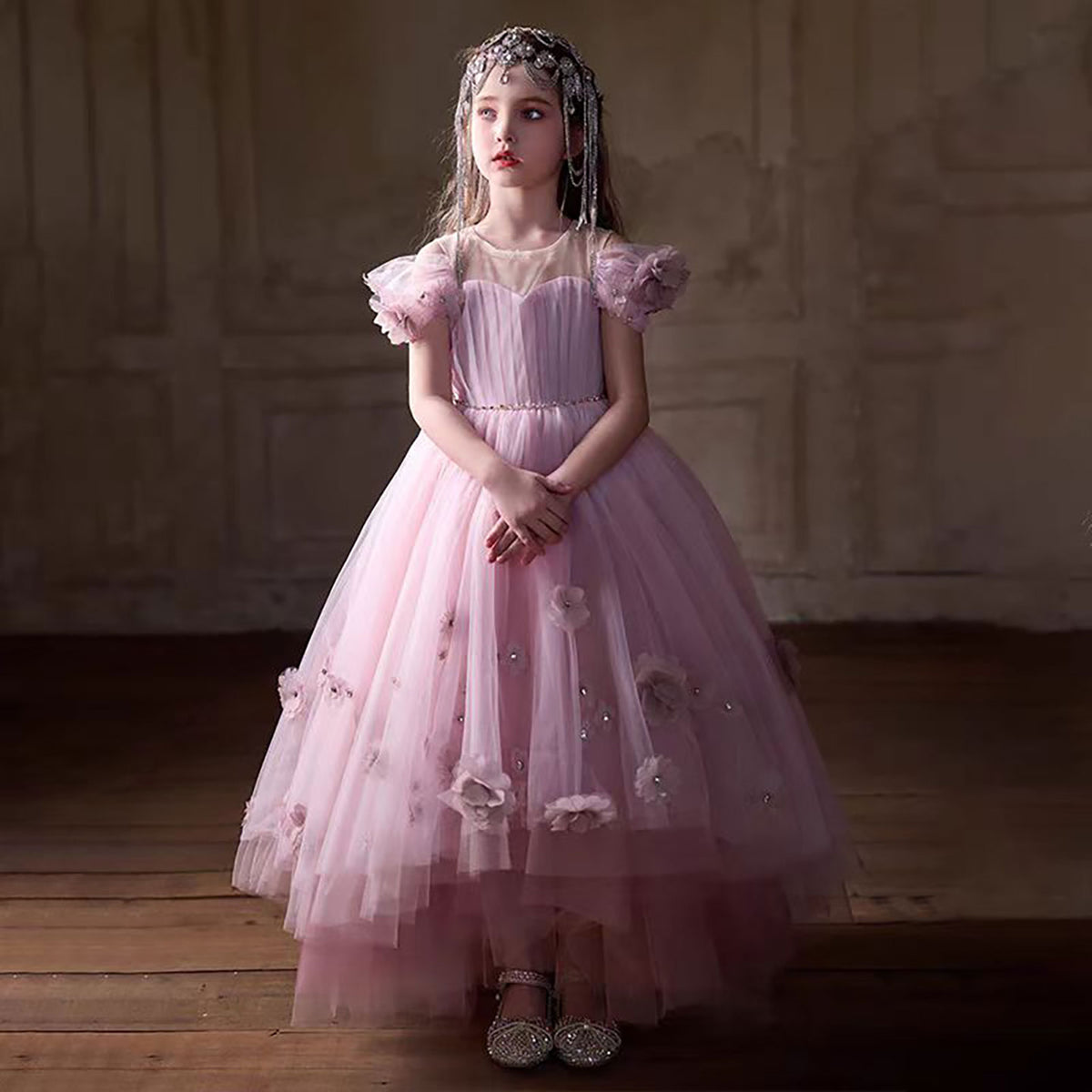 Jill Applique Tiered Tulle Flower Girl Dress Pink J091