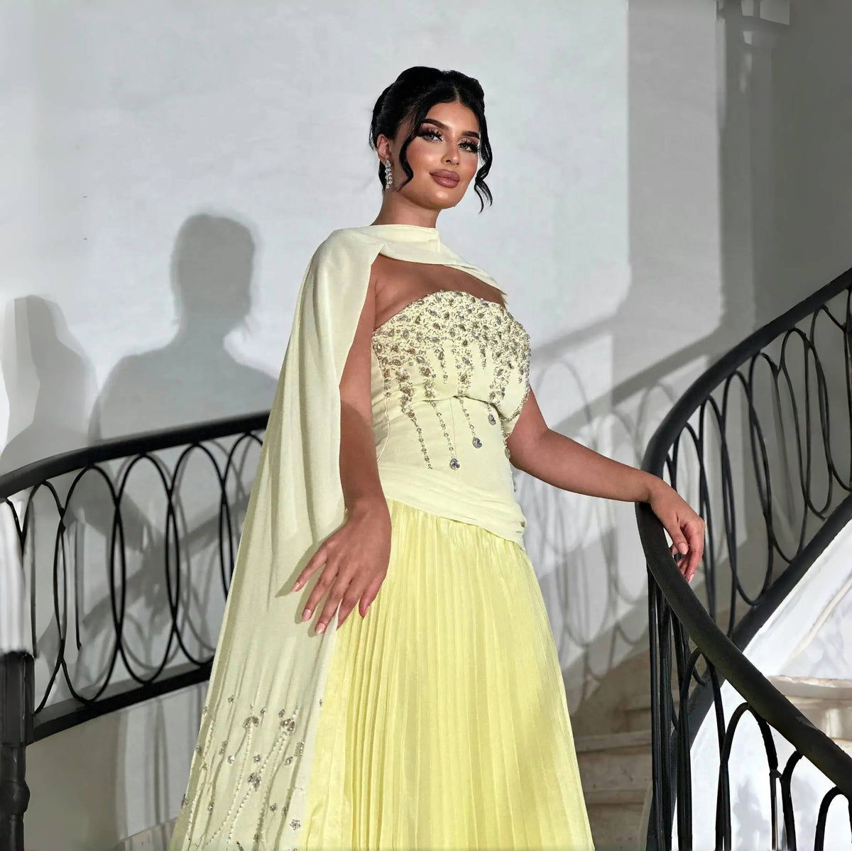 Yellow Strapless Arabic Evening Dress with Cape XD-009
