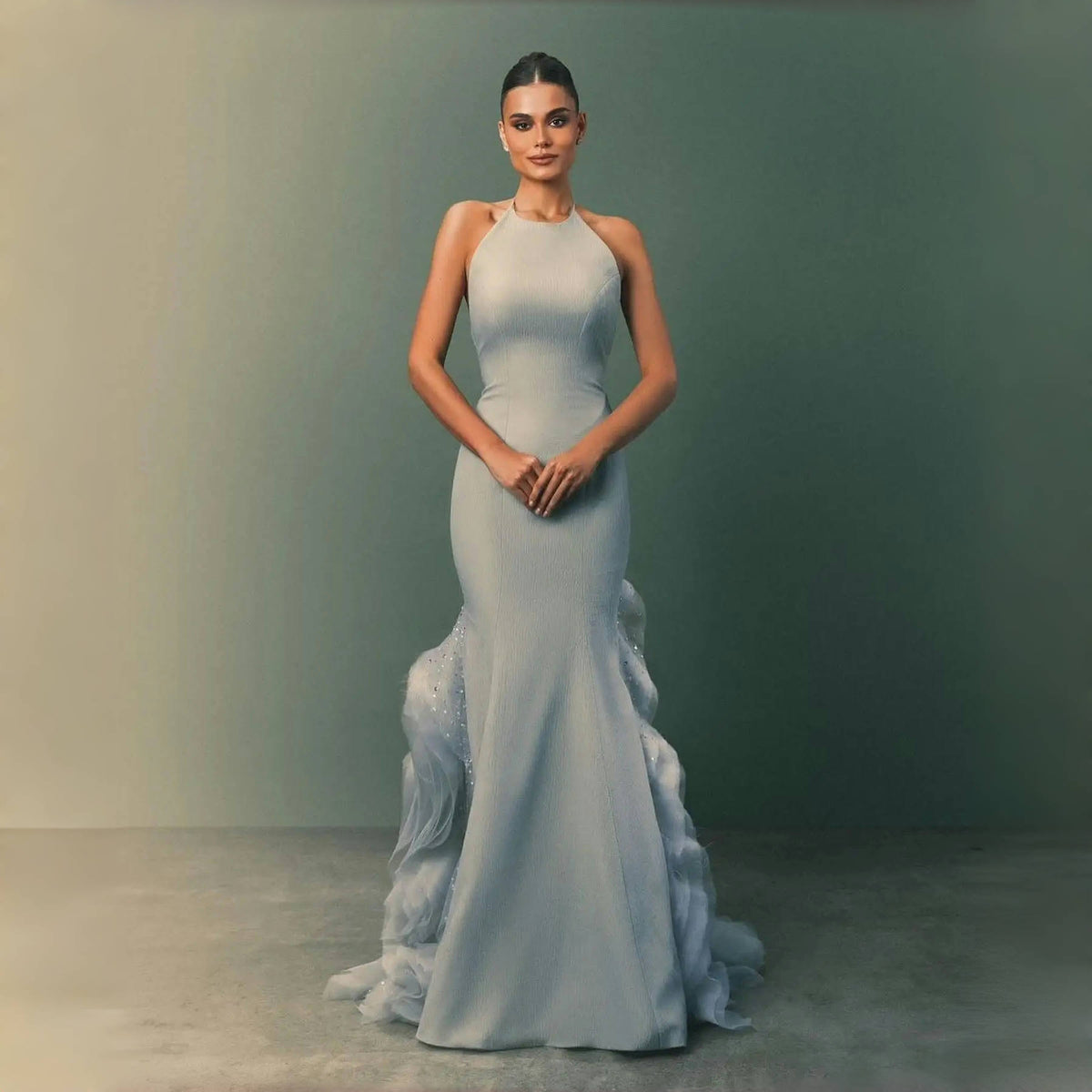 Blue Halter Mermaid Evening Dress with Ruffles SS524