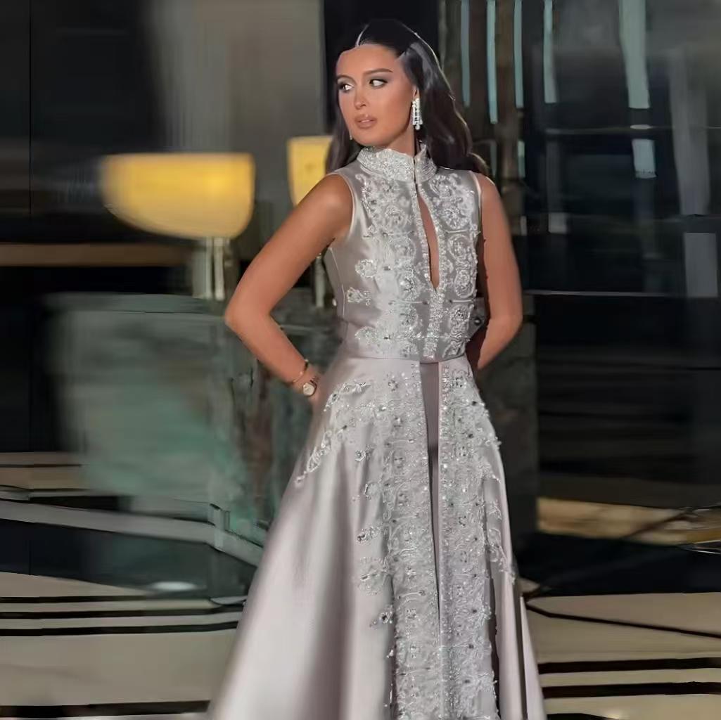Gray Satin High Neck Evening Dress with Embroidery XD-003
