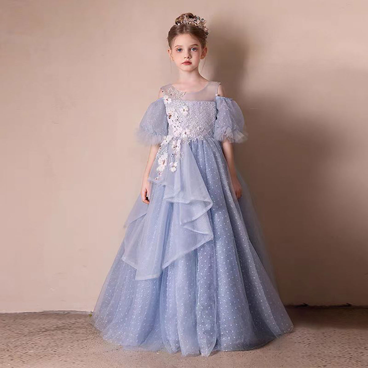 Jill Off-Shoulder Applique Pearled Flower Girl Dress D306