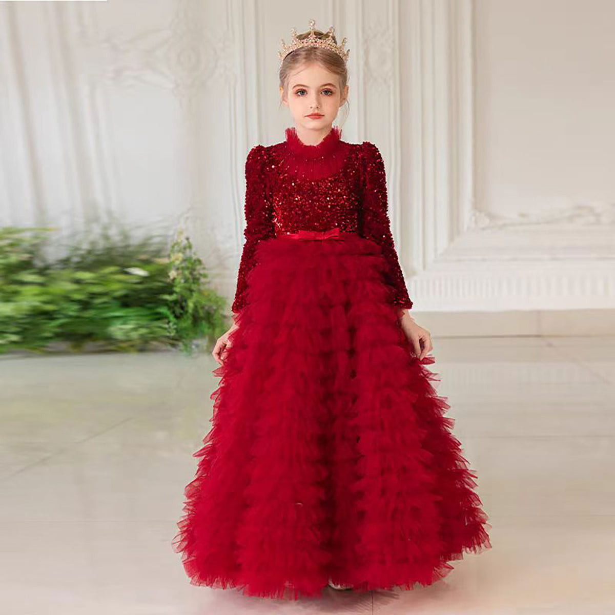 Jill Gorgeous Elegant High Neck Burgundy Flower Girl Dress D307