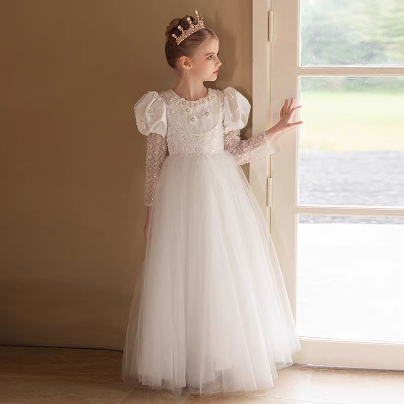 Jill White Luxury Beaded Applique Tulle Flower Girl Dress D312