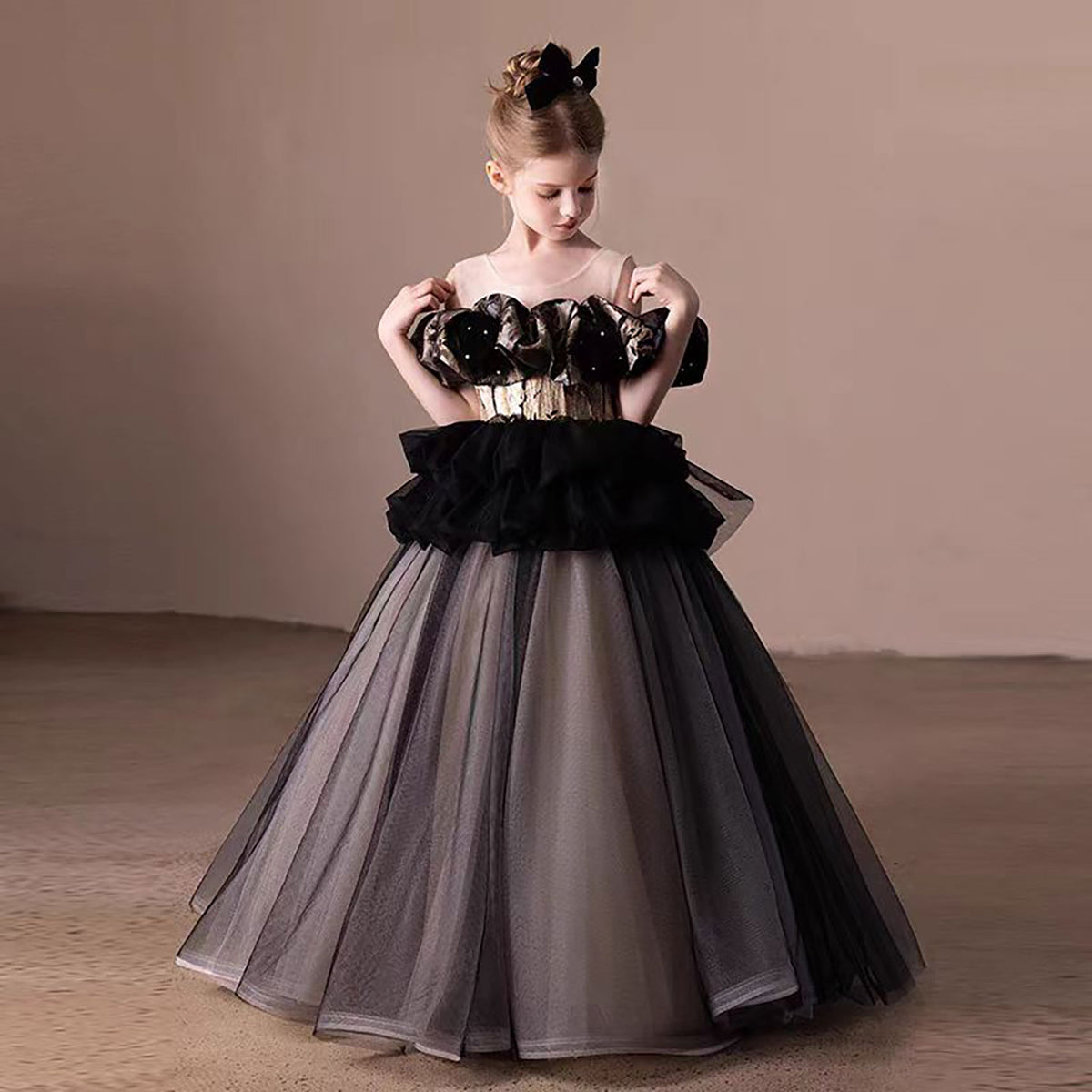 Jill Ruffle Black Off-Shoulder Tiered Tulle Flower Girl Dress White D305