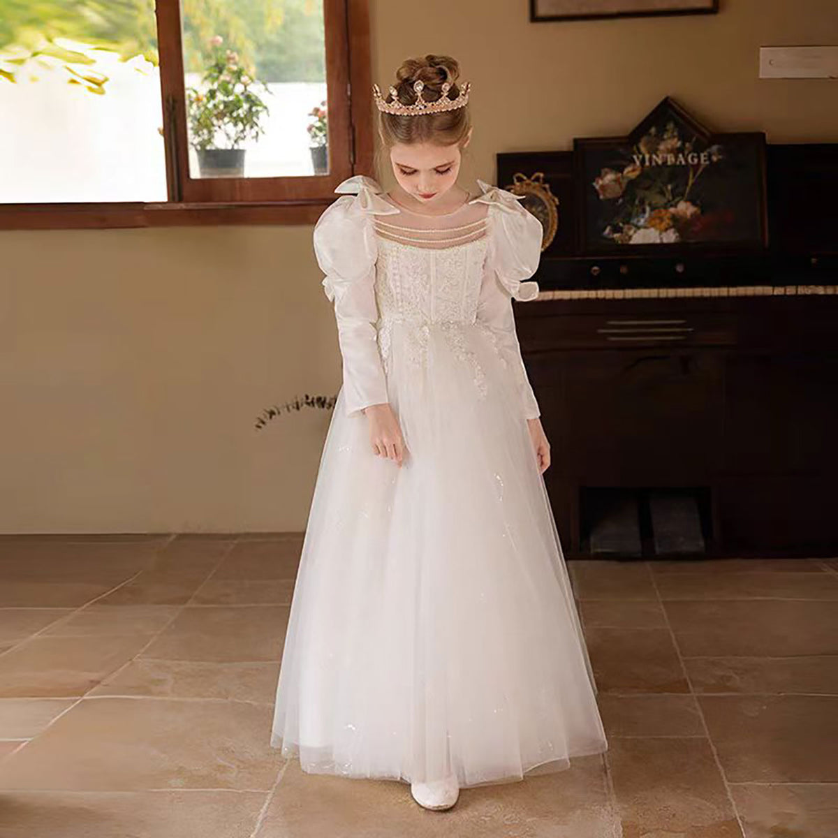 Jill Bow Embroidered Tulle Flower Girl Dress Princess D310