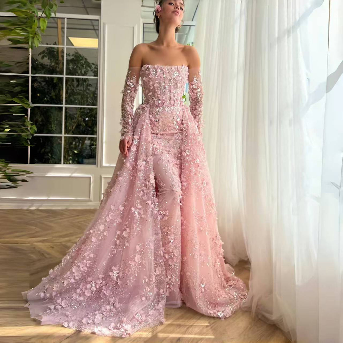 Elegant 3D Flowers Pink Evening Dress with Overskirt SS352