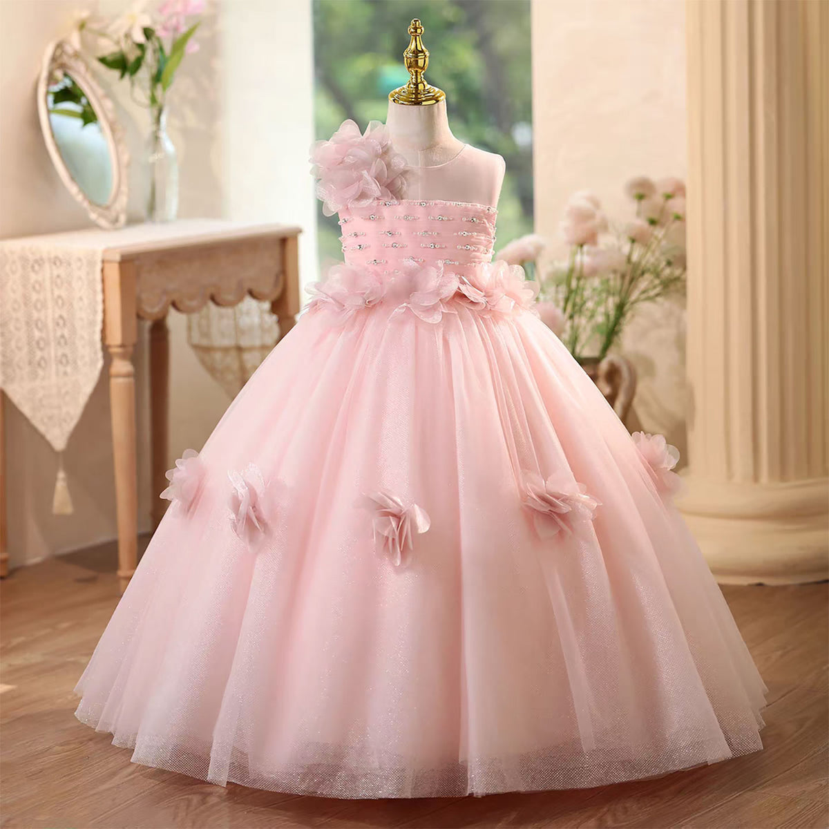 Pink Flower Girl Dress With Floral Birthday Party Princess Dress J571