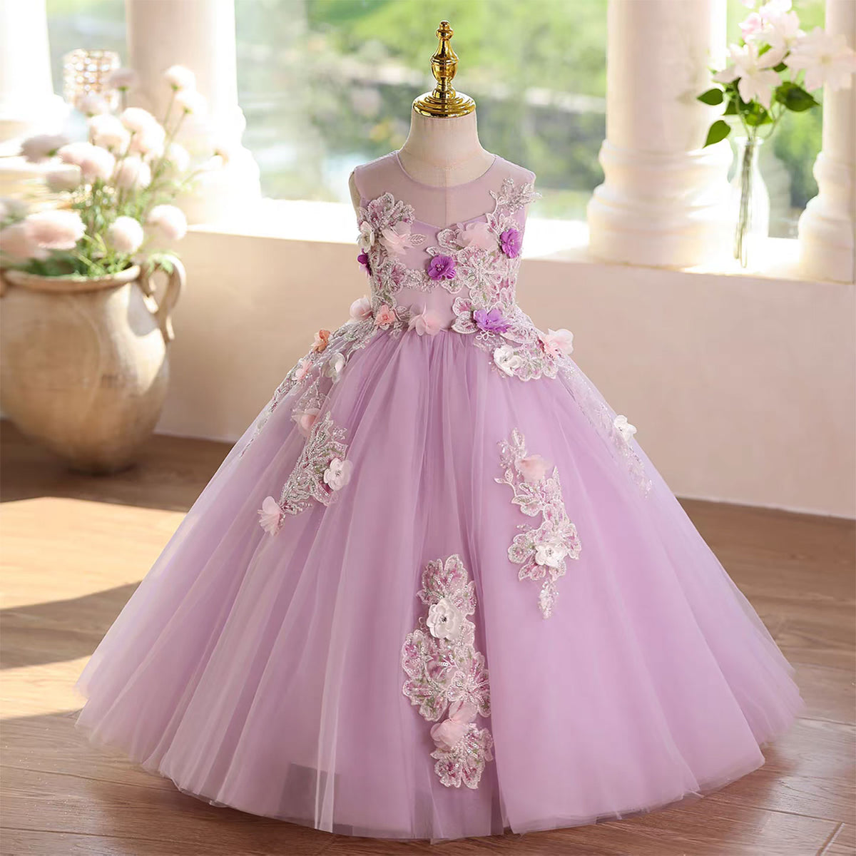 Lilac Applique Embroidery Flower Girl Dress Birthday Party Prom J572