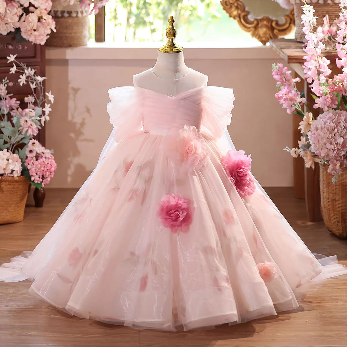 Pink Off Shoulder Flower Girl Dress Wedding Birthday Party Prom J574
