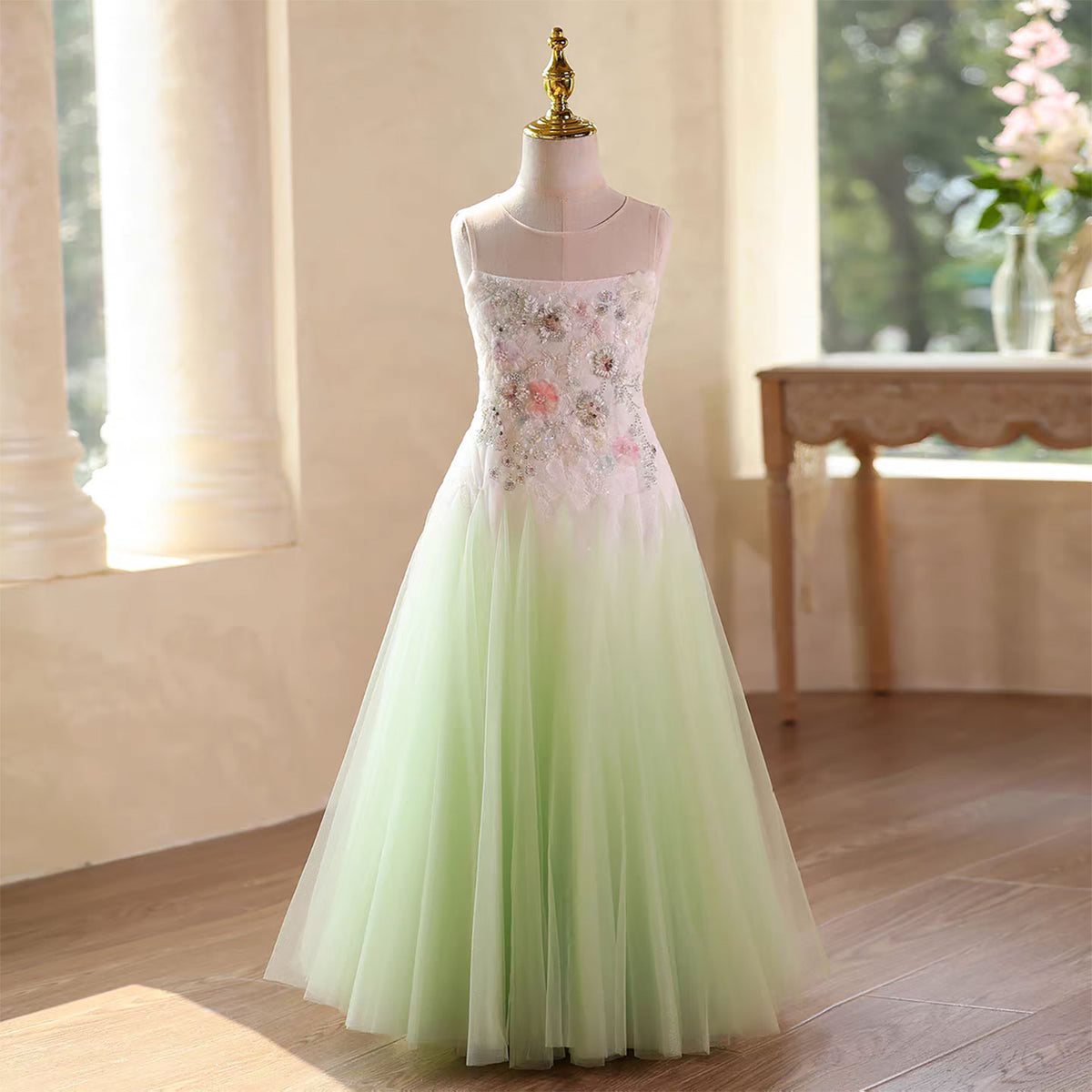 Green Flower Girl Gown with 3D Flowers for Weddings Birthdays J579