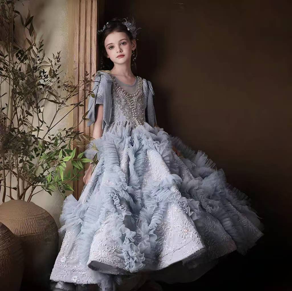 Luxury Arabic Flower Girl Dress Dubai Blue Pearls Beaded Princess J020