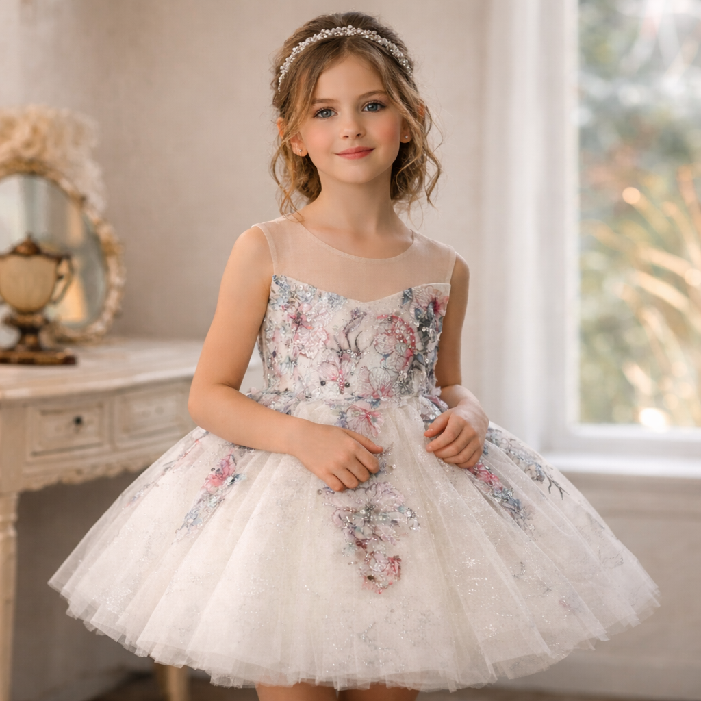 Appliques Beauty Pageant Girl Dress Princess Birthday Gown In White J871