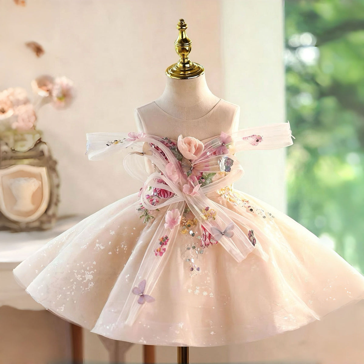 Champagne Flower Girl Dress for Girls Butterfly Applique Tulle Party Dress for Party D280