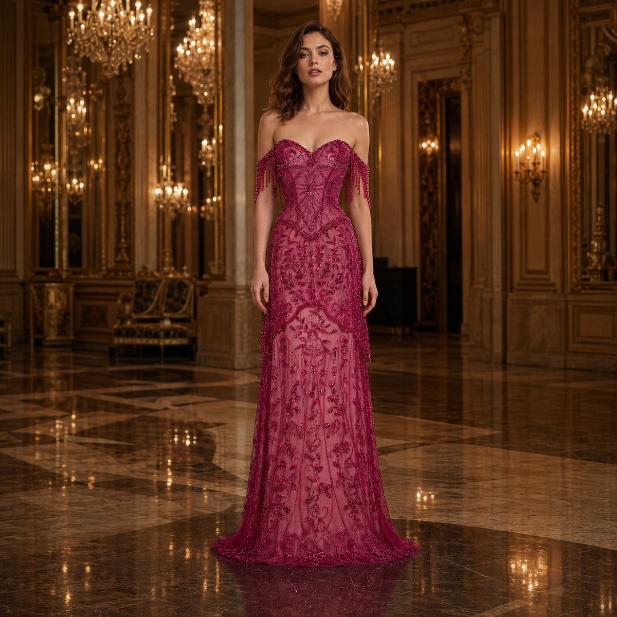 Luxury Fuchsia Strapless Evening Dress with Sheer Corset Bodice and Fringe Drop Details SS516