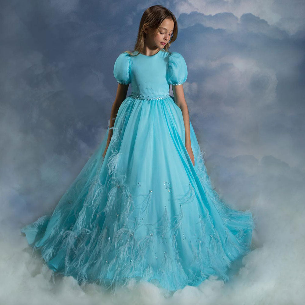 Luxury Turquoise Dubai Girl Dress Beaded Feathers J380