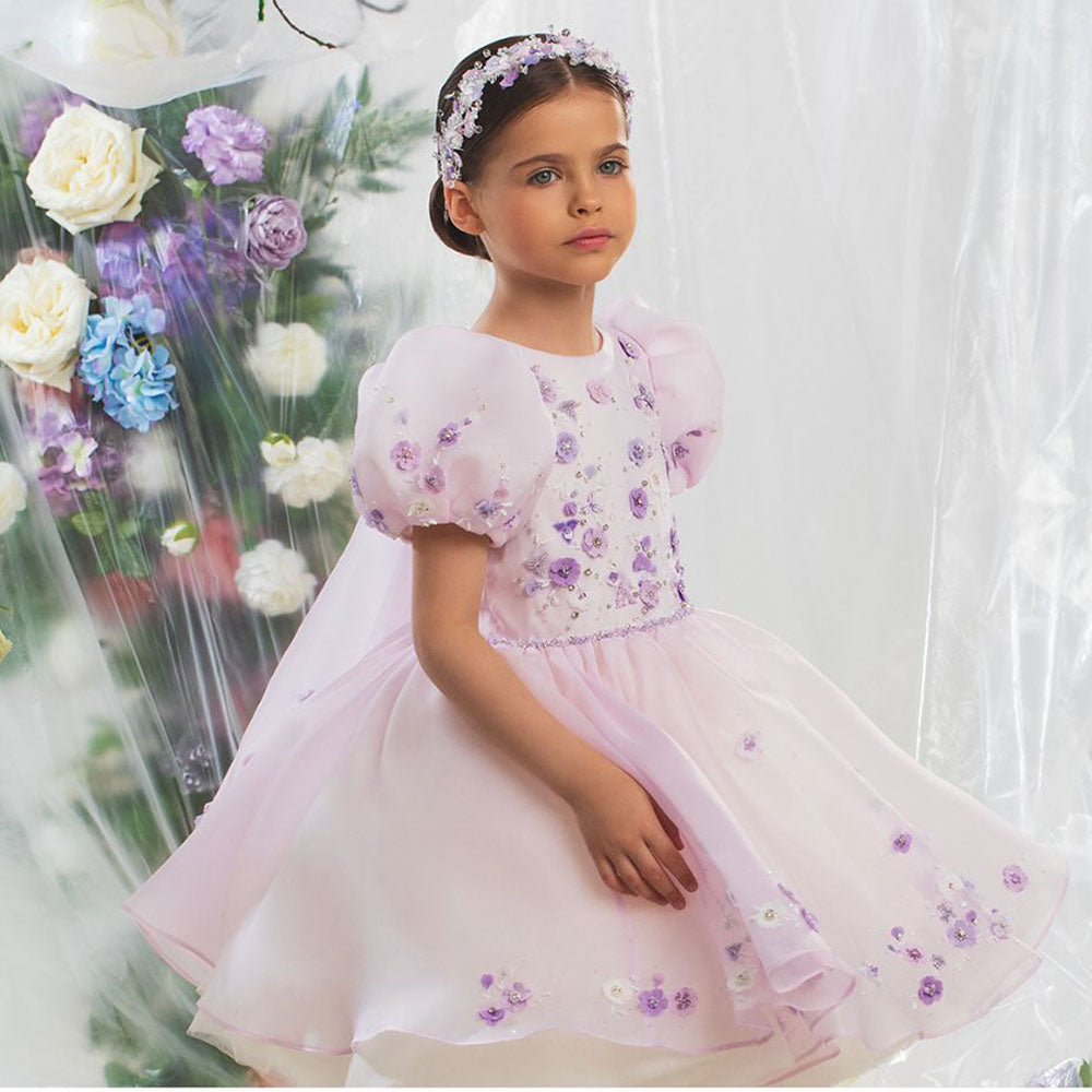 Luxury Arabic Pink Girl Dress Beaded with Cape Prom Gown J355