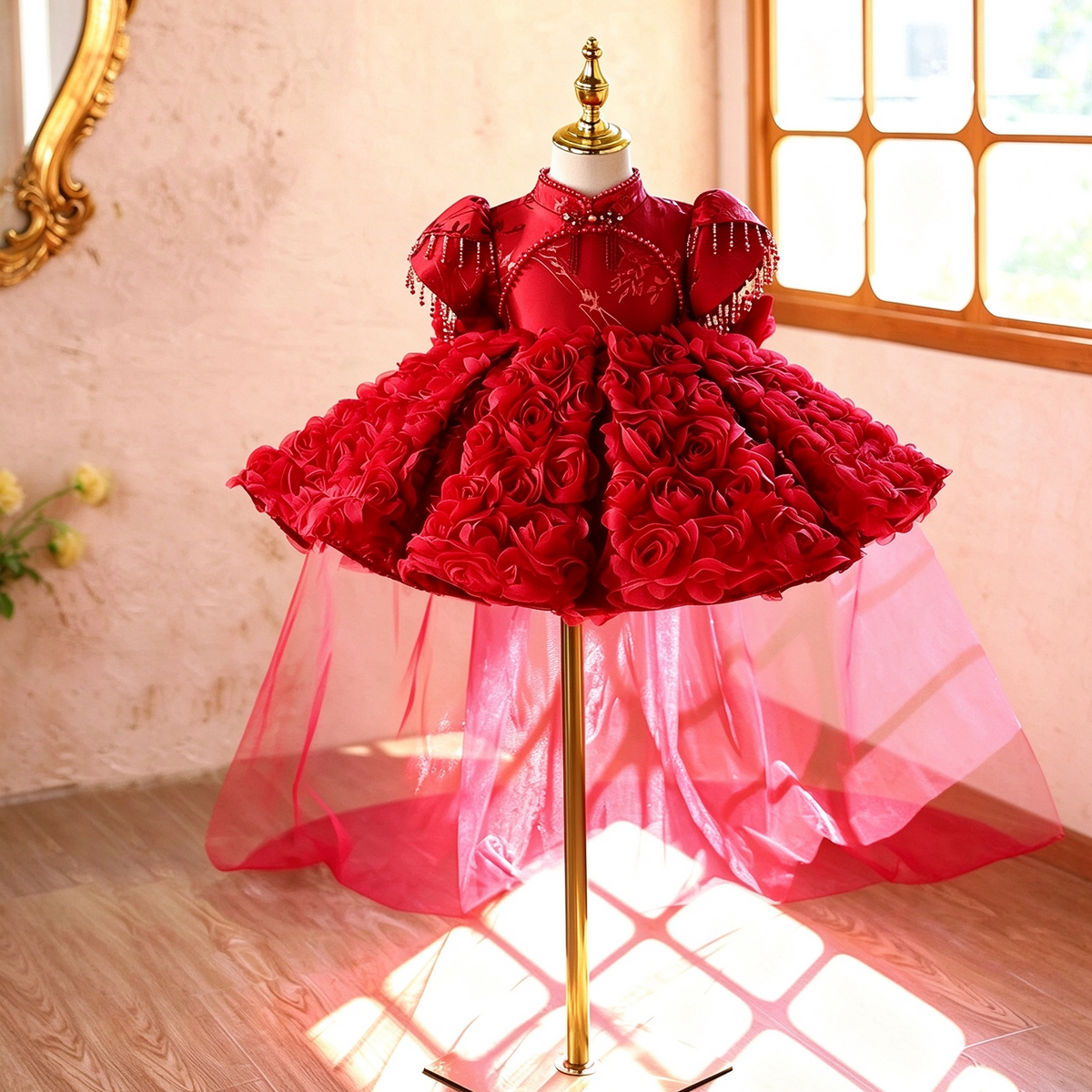 Red Rosette Beaded Puff Sleeve Flower Girl Dress J922