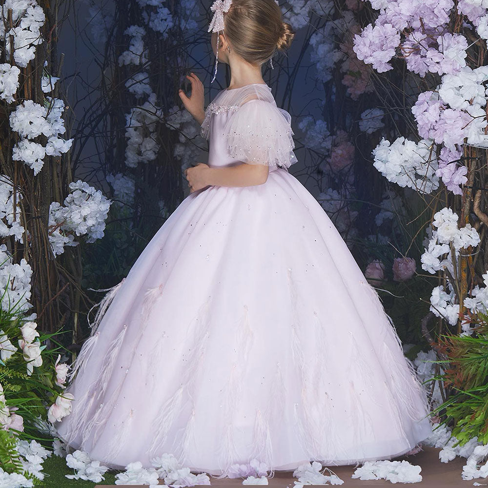 Luxury Blush Pink Girl Dress Feathers Beaded Princess J391