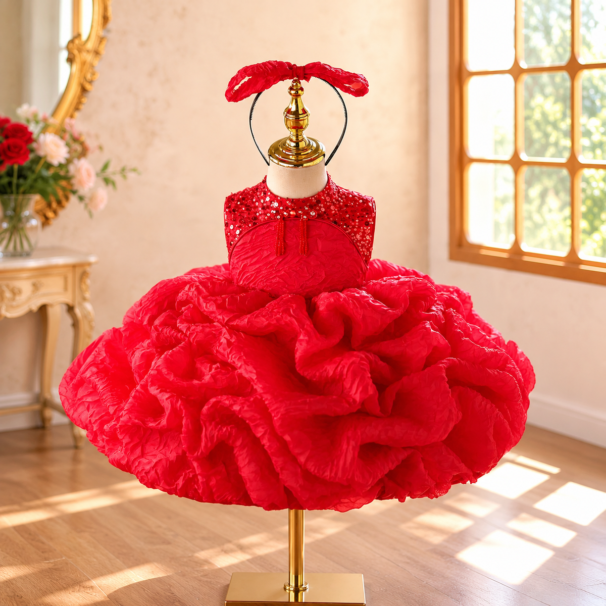 Red Sequin Ruffle Flower Girl Dress J924