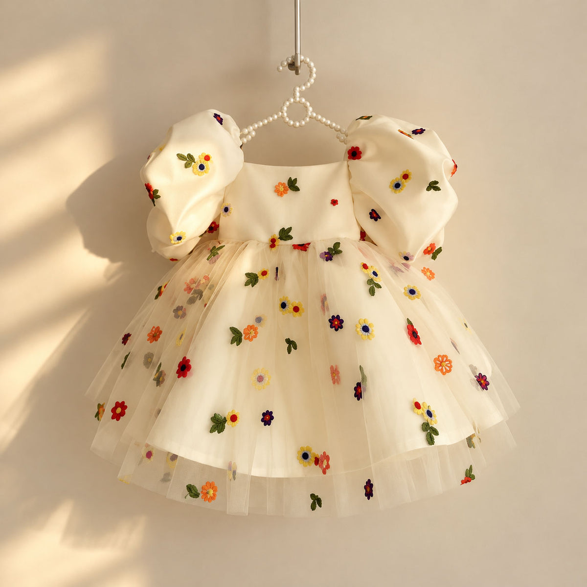 Beige Floral Puff Sleeve Flower Girl Dress C006