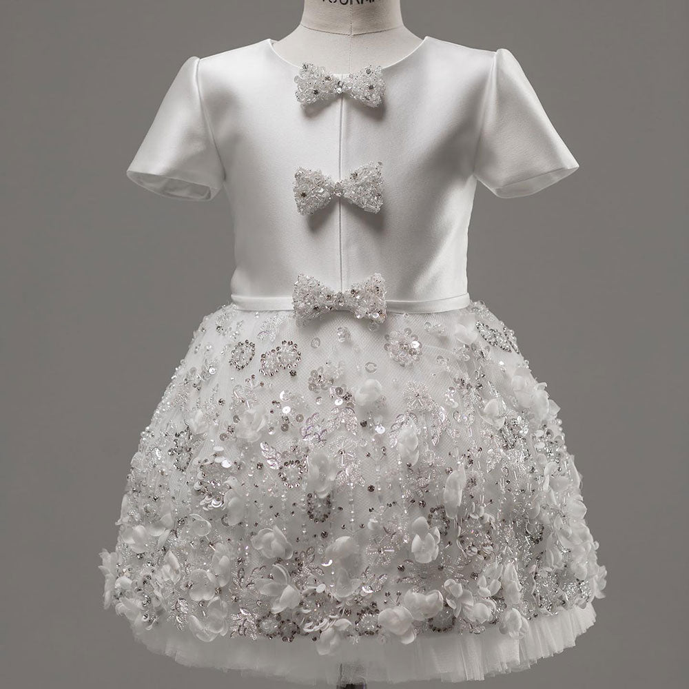 Luxury Arabic White Girl Dress Bow Handmade Flowers with Glove J357