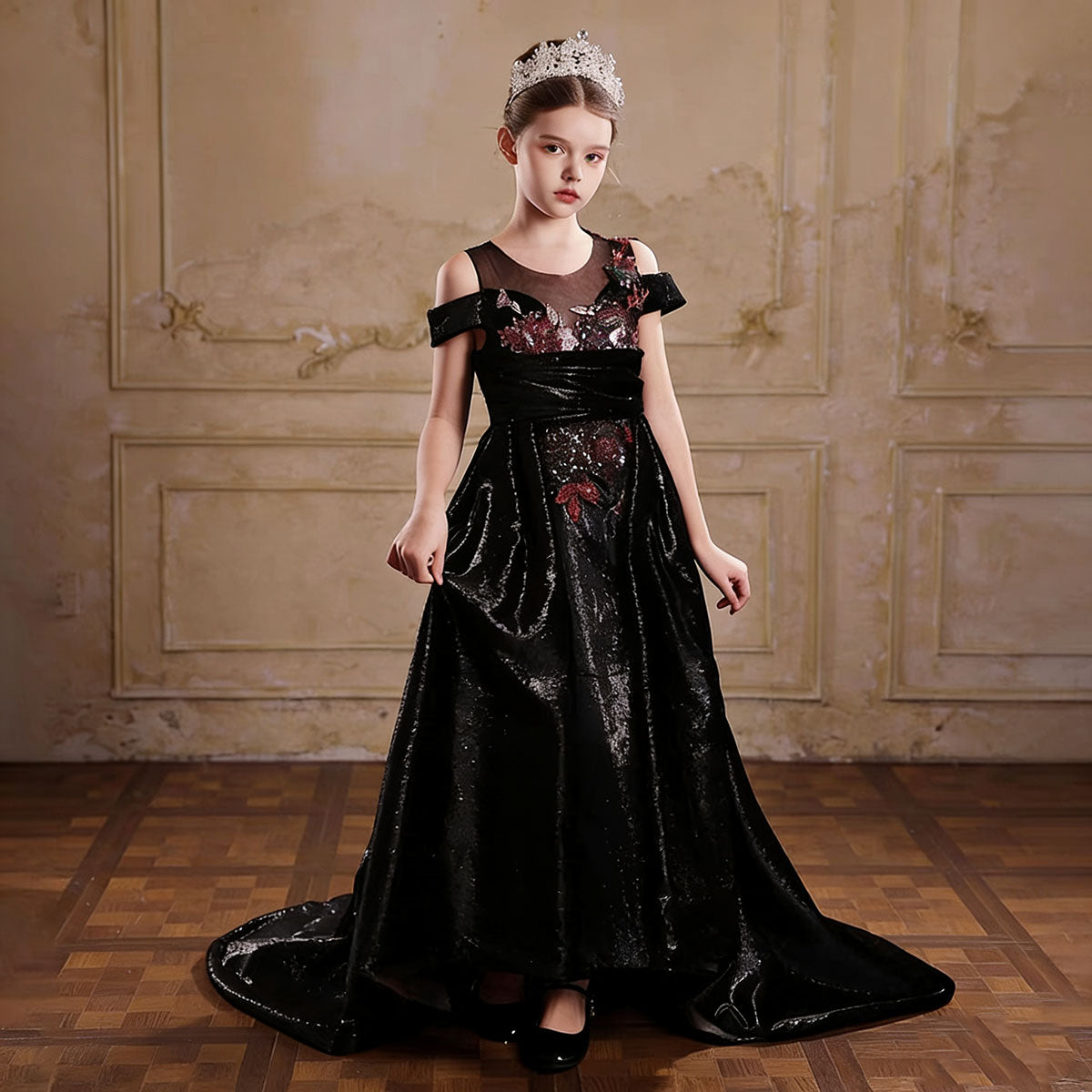 Elegant Black Floral Embroidered Gown with Off-Shoulder Design Perfect for Formal Occasions J047