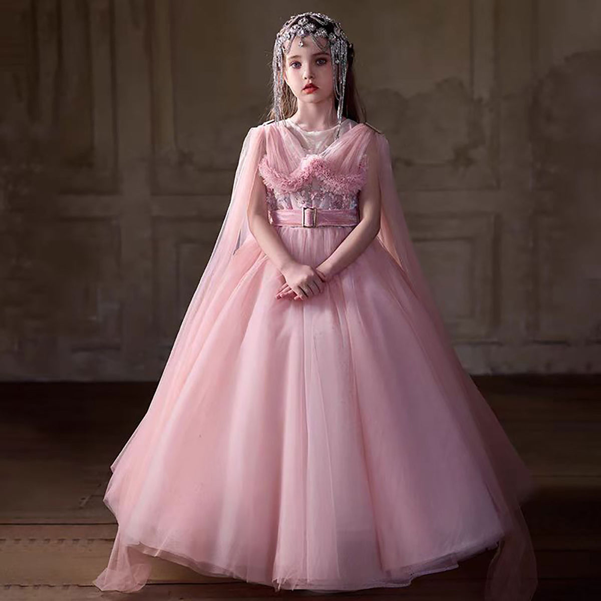 Jill Romantic And Elegant Pink Cape Sleeves Applique Flower Girl Dress J234