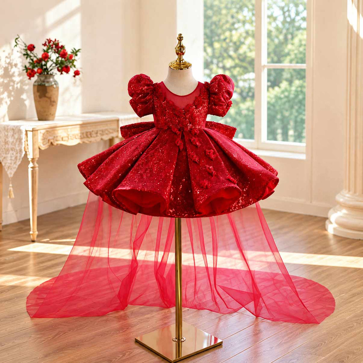 Red Glitter Tulle Girls Dress with Train J925