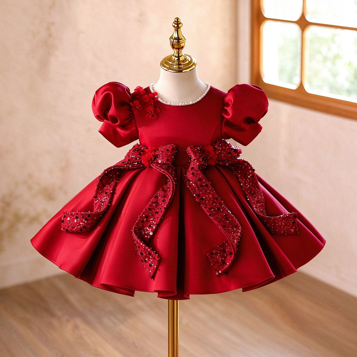 Red Puff Sleeve Sequin Bow Flower Girl Dress J921