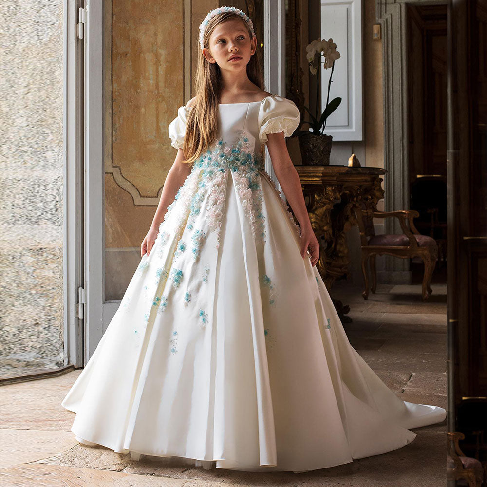 Luxury White Girl Dress 3D Flowers Princess Dubai Kids J295
