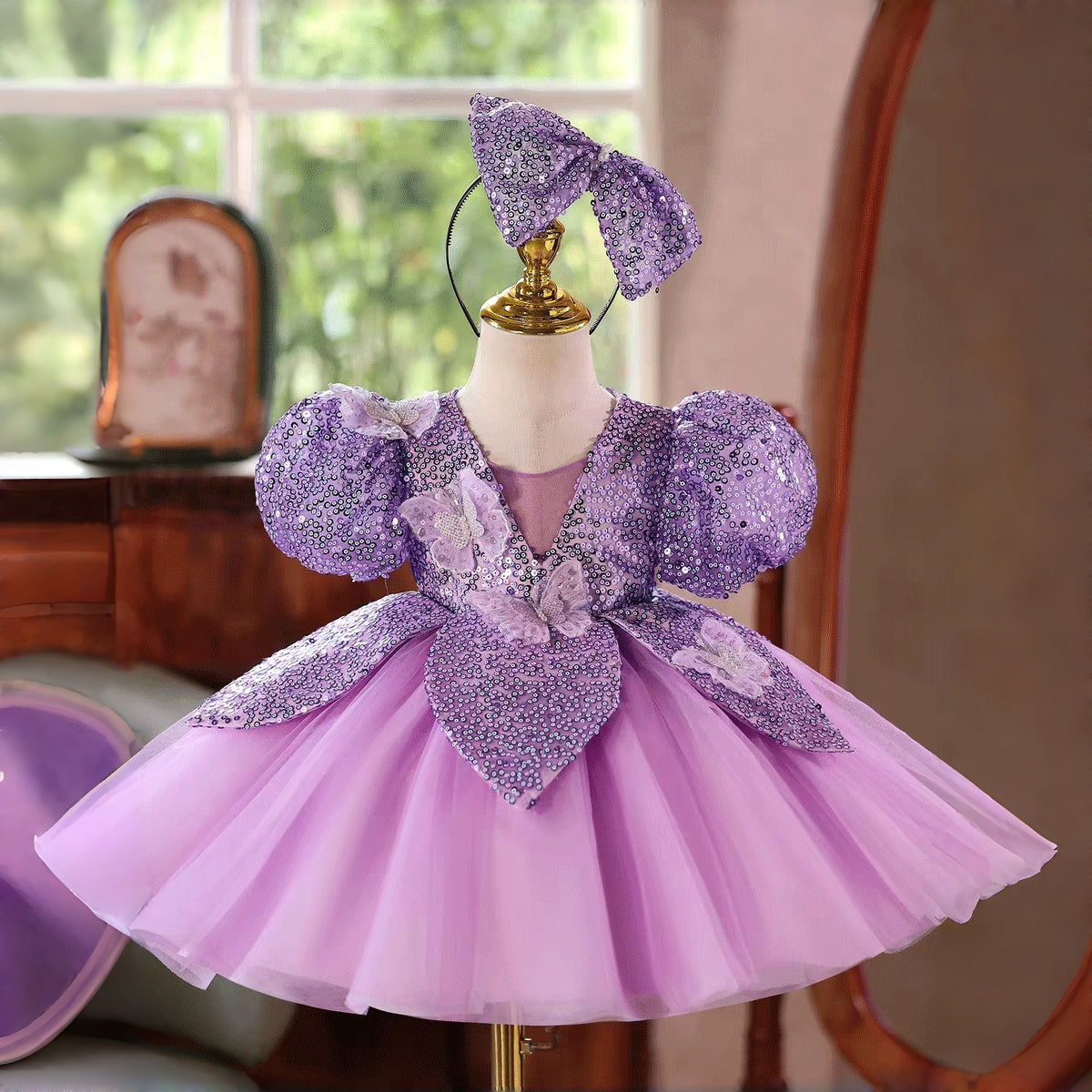 Girls' Purple Sequin Party Dress with 3D Butterfly Appliqué Tulle Skirt J881