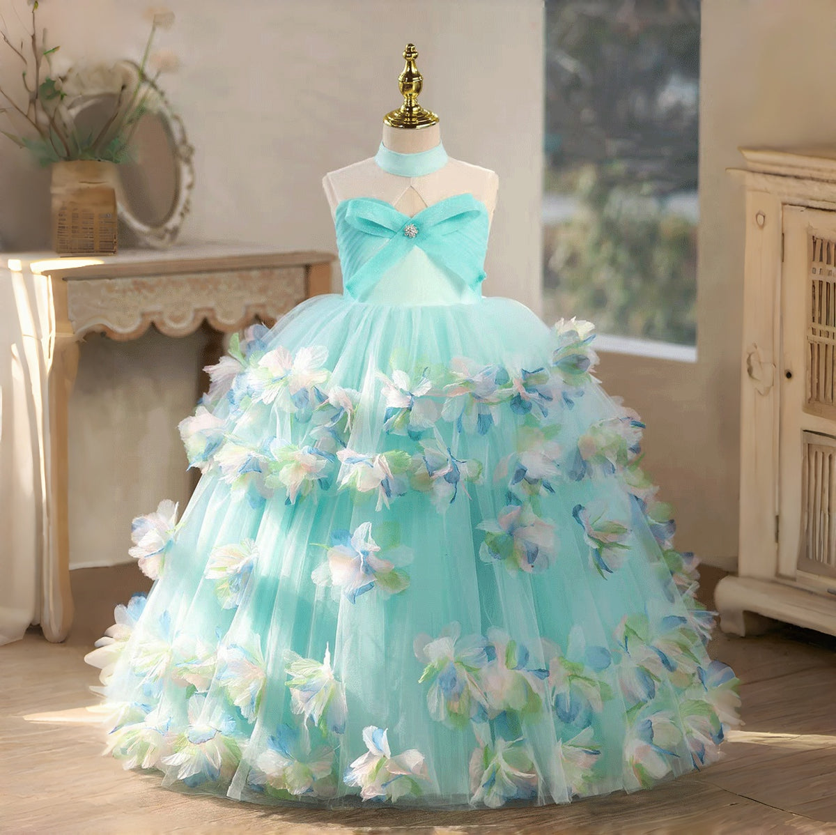 Turquoise Petal Princess Gown Girls 3D Floral Applique Ball Gown for Pageants D329