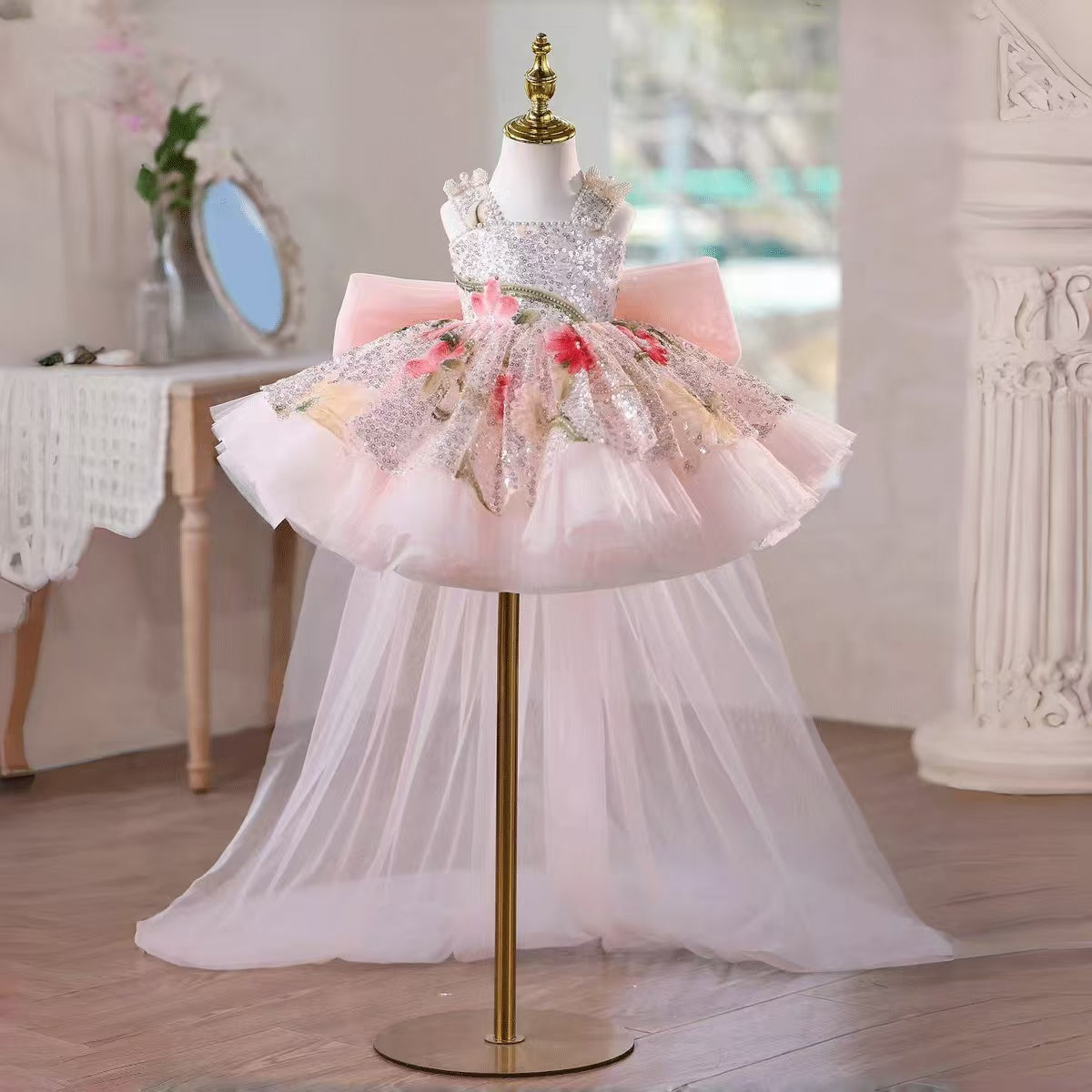 Luxury Sequin Floral Flower Girl Dress with Tulle Train – Princess Wedding & Birthday Gown J886
