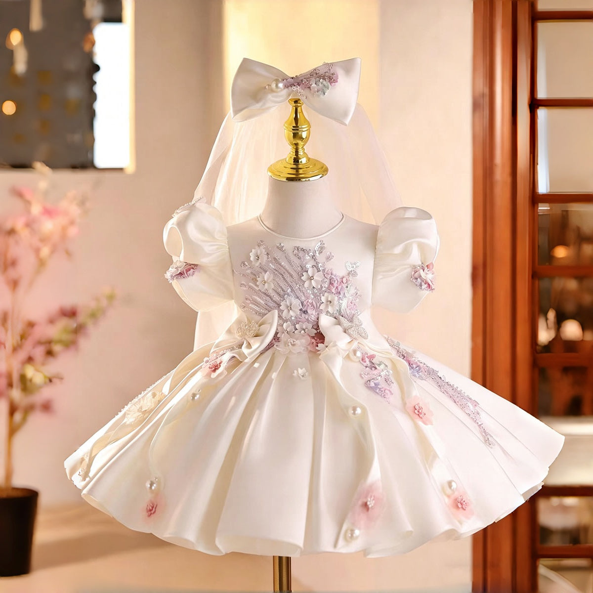 White Flower Girl Dress for Girls Pearl Embroidery Party Dress for Birthday D264