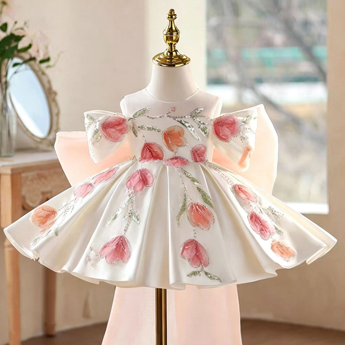 White Flower Girl Dress for Girls Tulip Embroidery Girls Dress Satin Ball Gown for Wedding D267