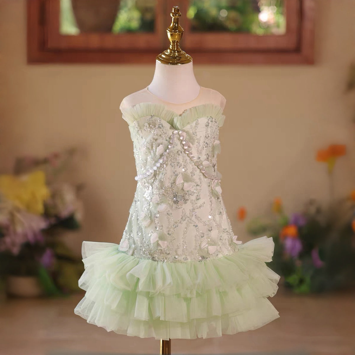 Girls' Sage Green Party Dress Strapless Beaded Bodice with Tiered Ruffle Skirt D248
