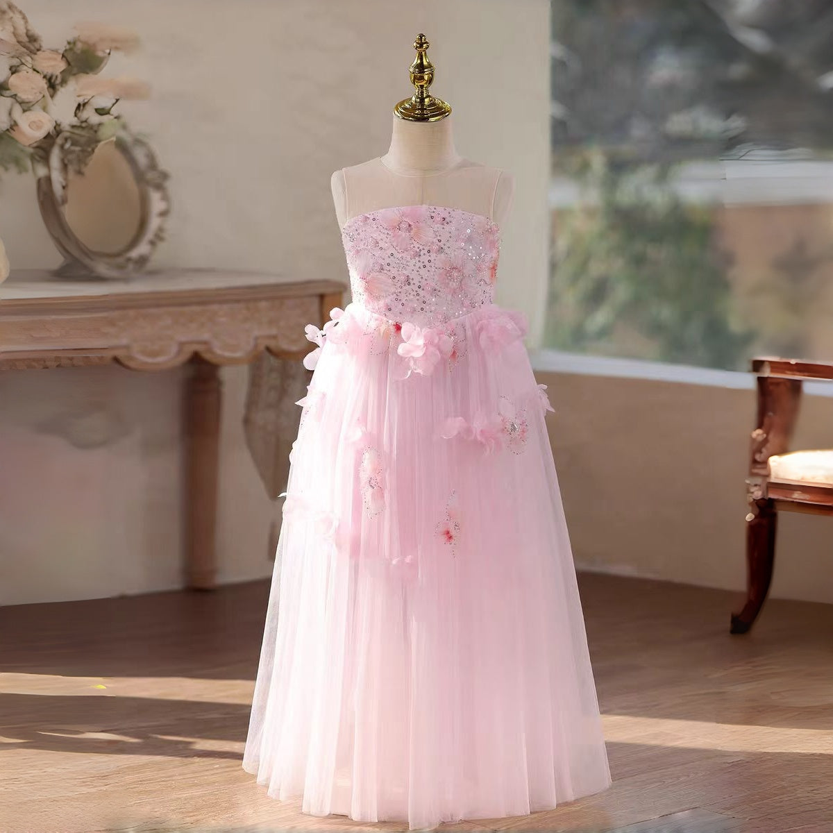 Girls’ Pink Sequin Ball Gown Strapless Tulle Dress with 3D Floral Appliqués for Weddings Parties J610