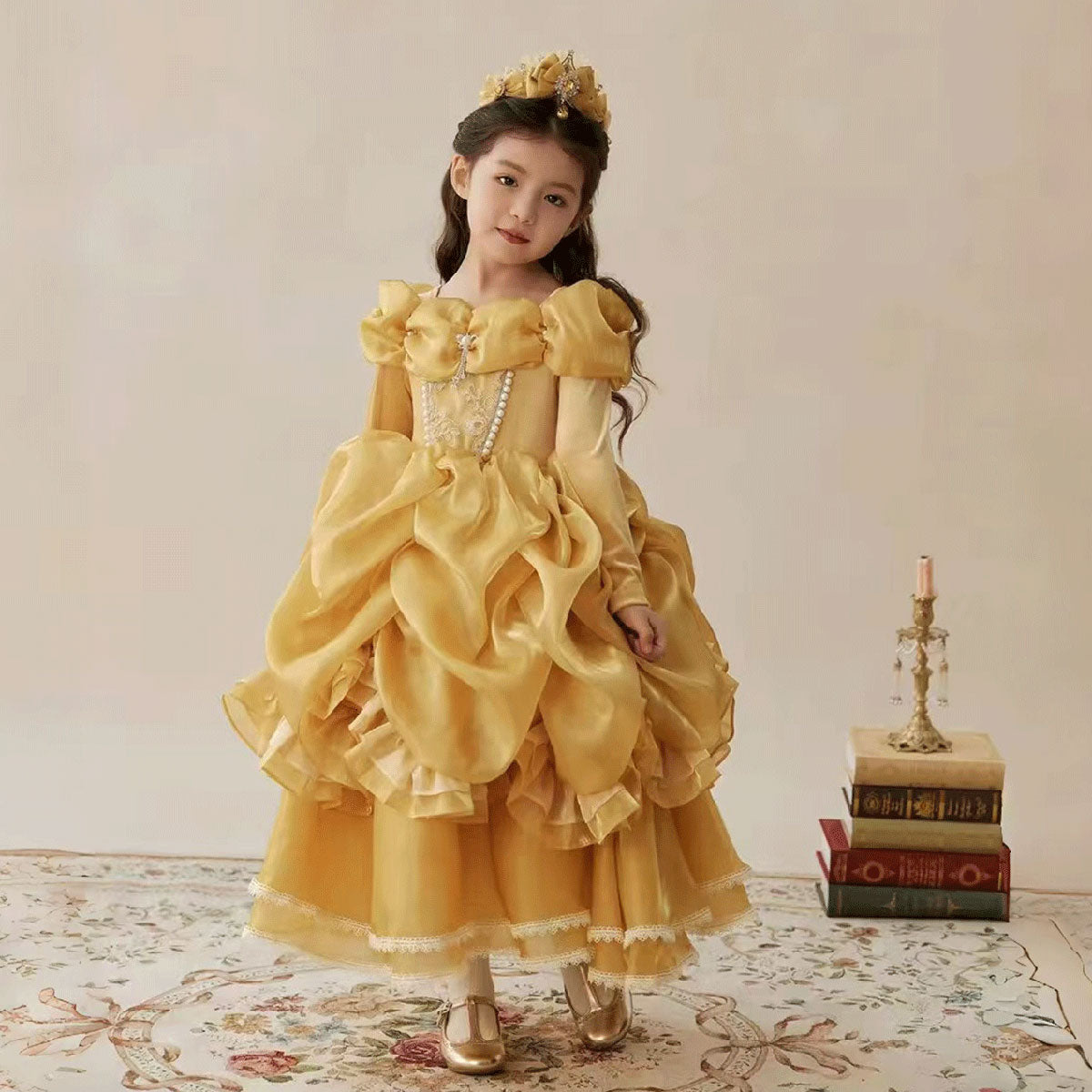 Luxury Gold Ball Gown with Off-Shoulder Ruffles Long Sleeves Party Flower Girl Dress J878