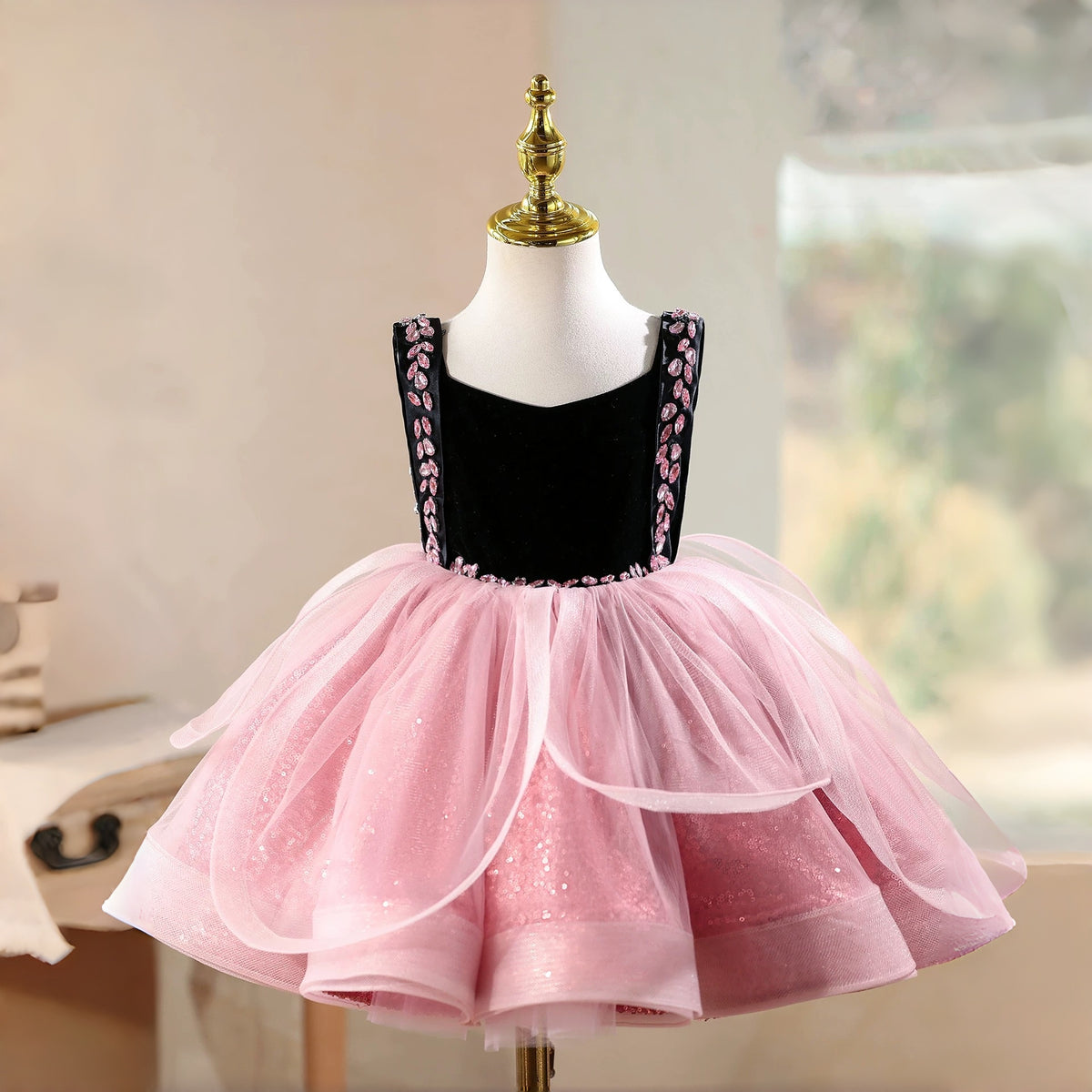 Luxury Black Velvet Pink Tulle Flower Girl Dress Sparkling Birthday Party Gown D257