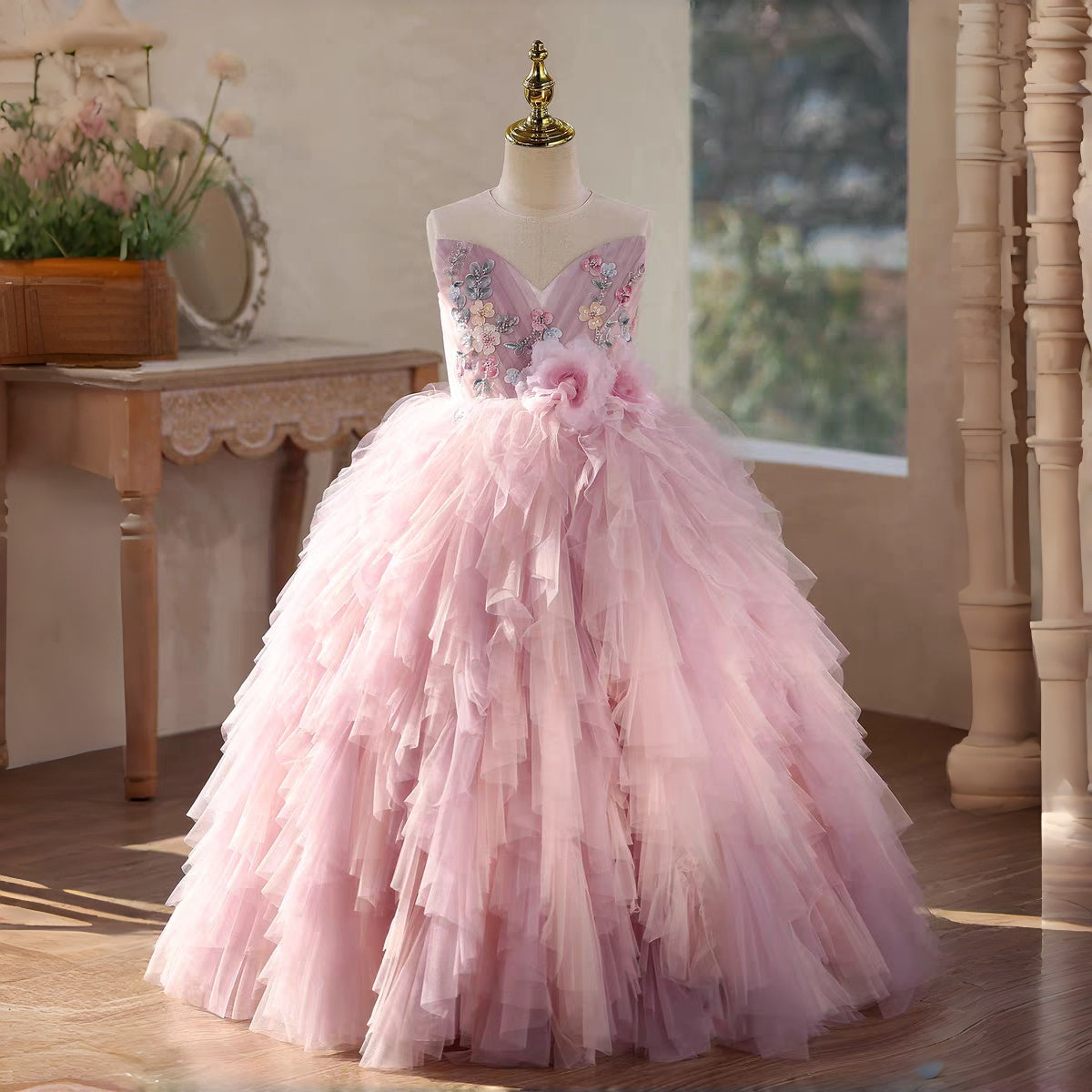 Kids Formal Wear Pink Sweetheart Neckline Dress with Layered Tulle 3D Appliqués J613