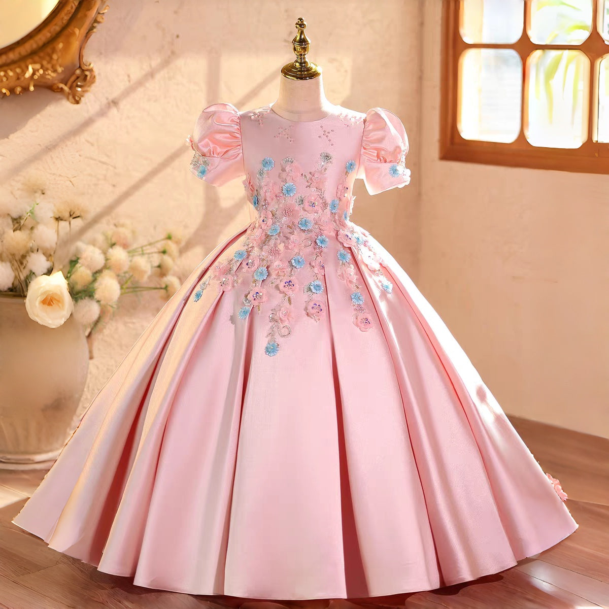 Elegant Blush Pink Ball Gown for Girls 3D Blue Floral Applique Princess Dress D328