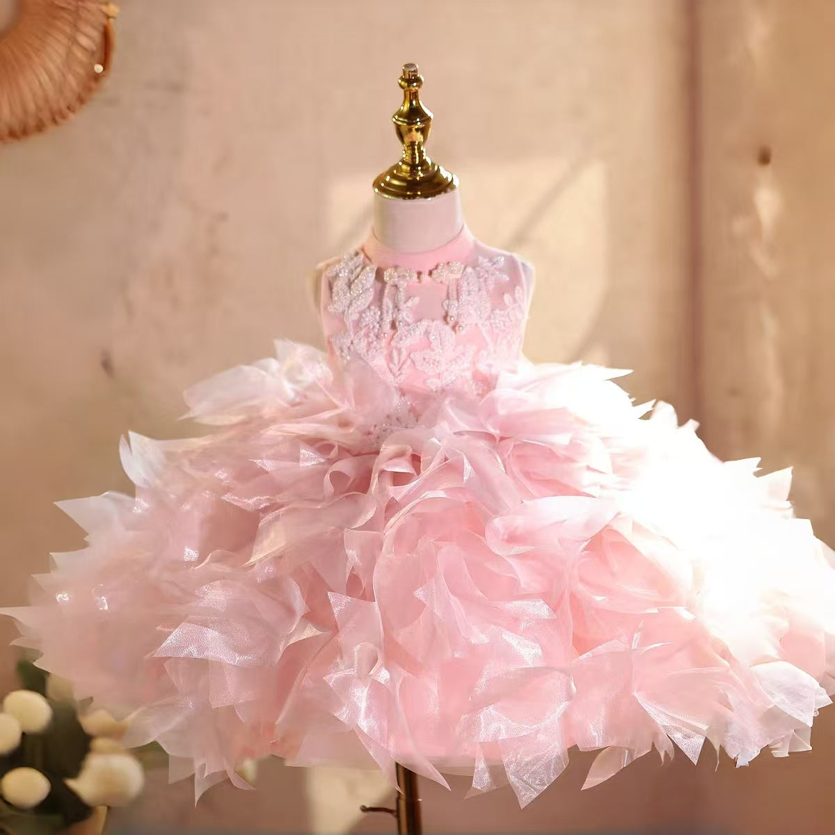 Girls' Pink Party Dress High Neck Embroidered Bodice with Layered Organza Skirt D250