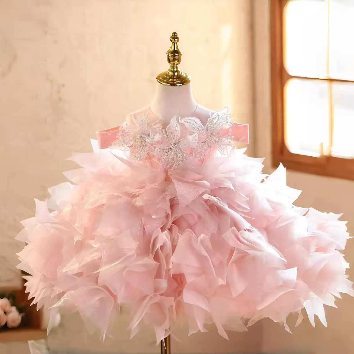 Flower Girl Pink Ruffle Dress with Beaded – Birthday & Wedding Party Dress J885
