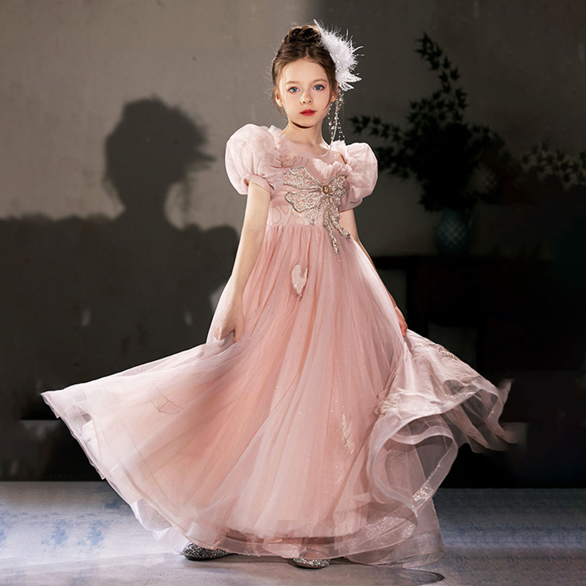 Jill Butterfly Beaded Lace Tulle Flower Girl Dress Puff Sleeves Pink J022