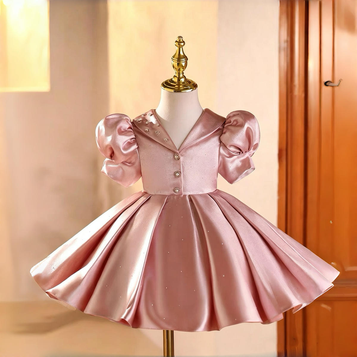 Pink Flower Girl Dress for Girls Satin Ball Gown for Birthday Party J895