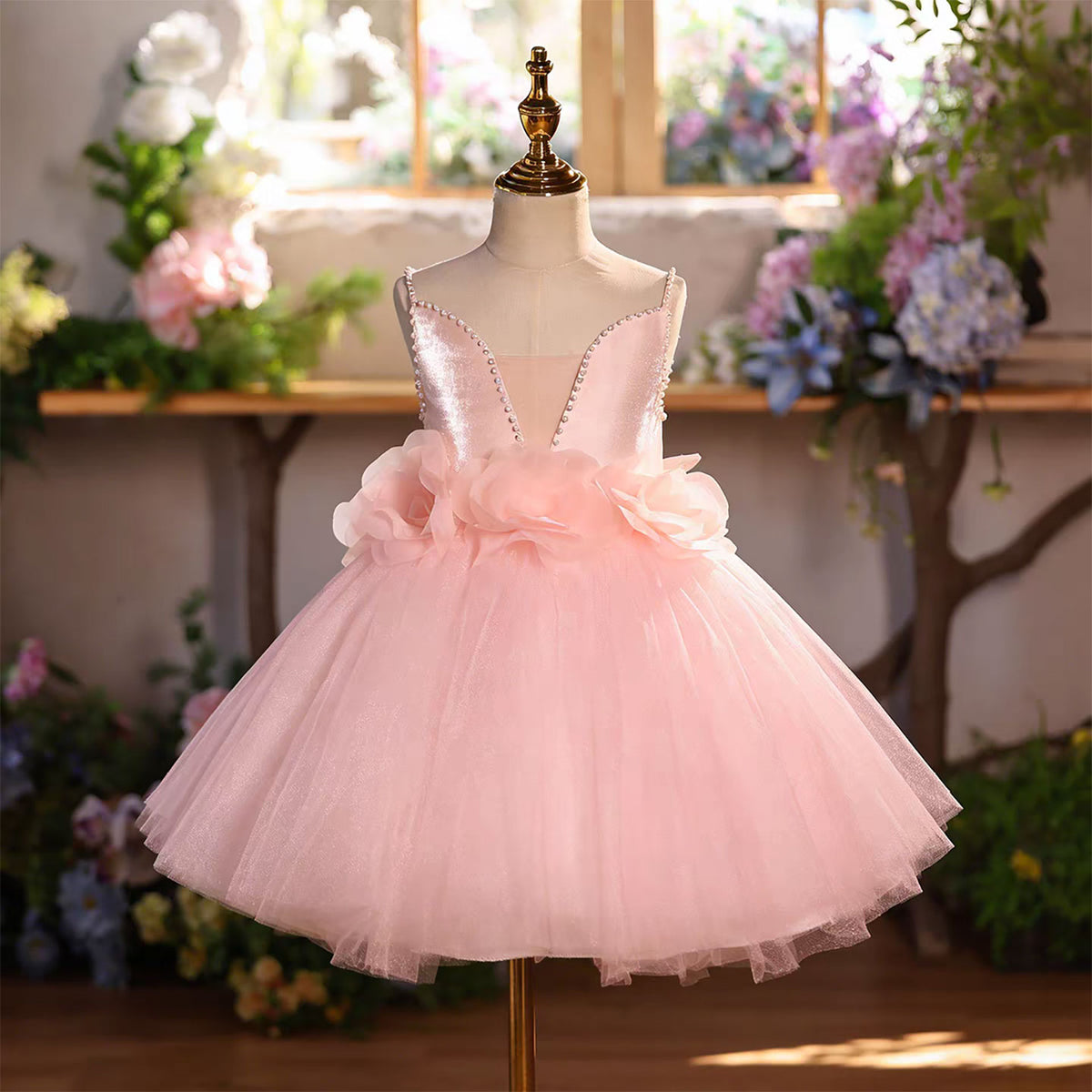 Pink Flower Girl Dress for Girls Pearl Strap 3D Flower Ball Gown for Party D275