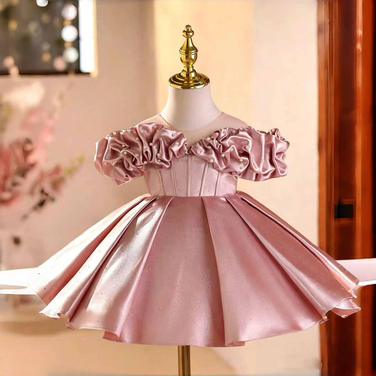 Pink Flower Girl Dress for Girls Pearl Off-Shoulder Ball Gown for Wedding D272
